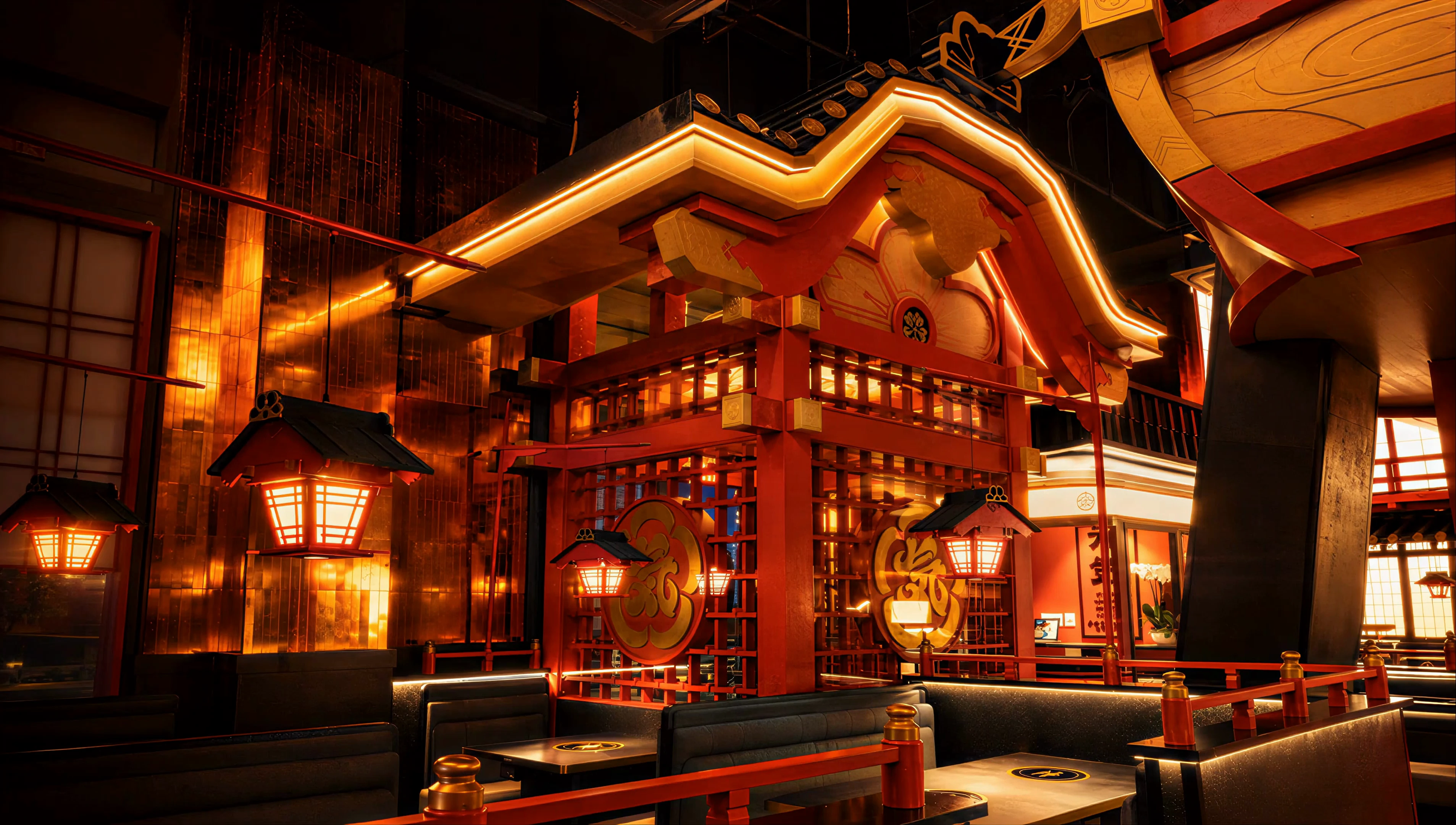A warm evening inside Genki Wagyu House, with red Japanese-inspired beams and glowing lanterns