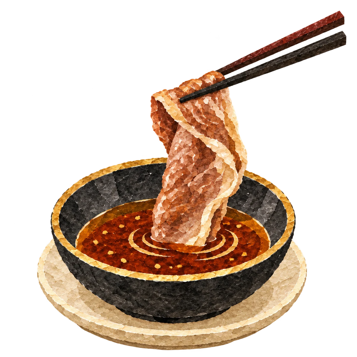 A cooked slice of beef being dipped into a small bowl of sauce