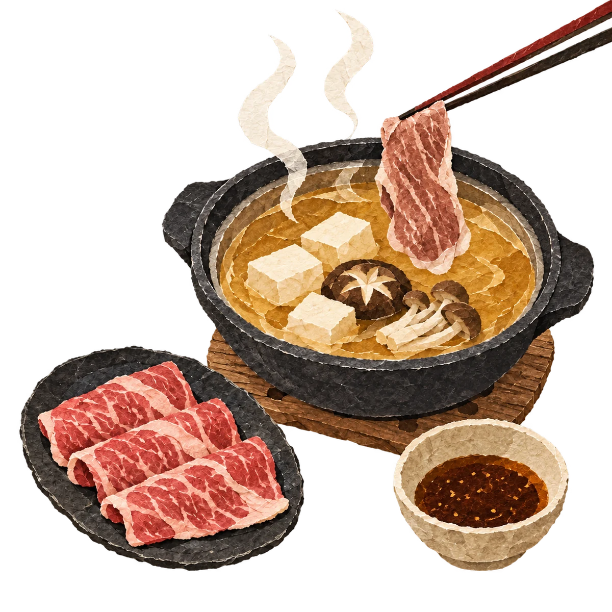 Chopsticks lifting a cooked slice of beef from a shabu-shabu pot