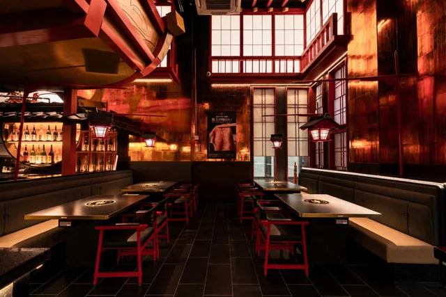 Lanterns and timber details inside Genki's dining room